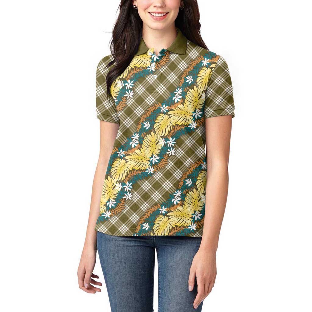 Polynesian Monstera Tiare Floral Women Polo Shirt Yellow Tropical Plaid - Polynesian Pride