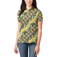 Polynesian Monstera Tiare Floral Women Polo Shirt Yellow Tropical Plaid - Polynesian Pride