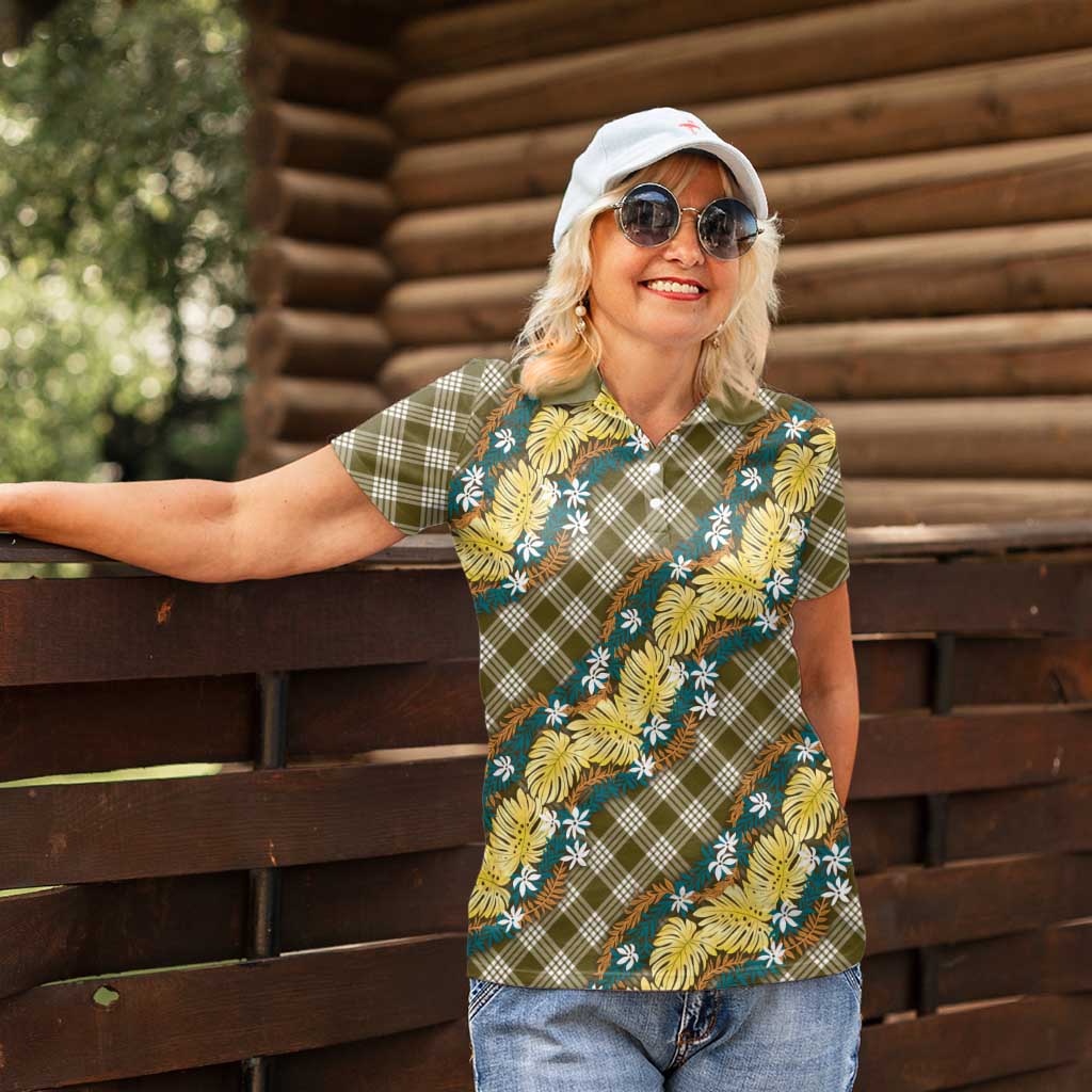Polynesian Monstera Tiare Floral Women Polo Shirt Yellow Tropical Plaid - Polynesian Pride