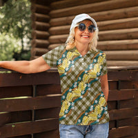 Polynesian Monstera Tiare Floral Women Polo Shirt Yellow Tropical Plaid - Polynesian Pride