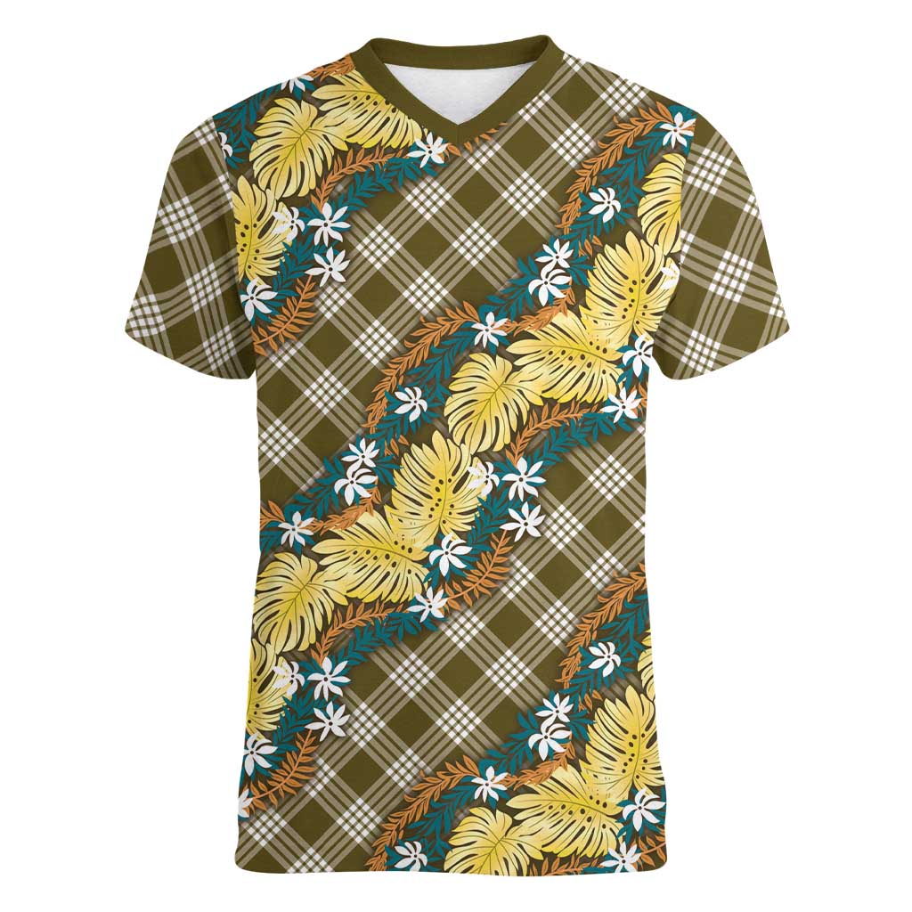Polynesian Monstera Tiare Floral Women V-Neck T-Shirt Yellow Tropical Plaid LT01 Female Yellow - Polynesian Pride