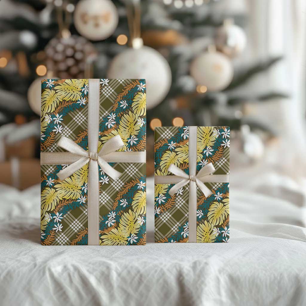 Polynesian Monstera Tiare Floral Wrapping Paper Yellow Tropical Plaid - Polynesian Pride