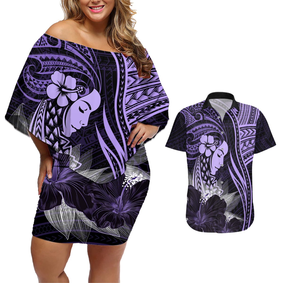 Polynesian Women Day 2024 Couples Matching Off Shoulder Short Dress and Hawaiian Shirt Hibiscus Girl Tribal LT01 Purple - Polynesian Pride