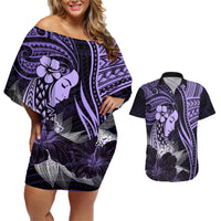 Polynesian Women Day 2024 Couples Matching Off Shoulder Short Dress and Hawaiian Shirt Hibiscus Girl Tribal LT01 Purple - Polynesian Pride