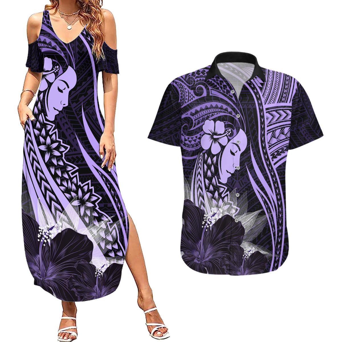 Polynesian Women Day 2024 Couples Matching Summer Maxi Dress and Hawaiian Shirt Hibiscus Girl Tribal LT01 Purple - Polynesian Pride