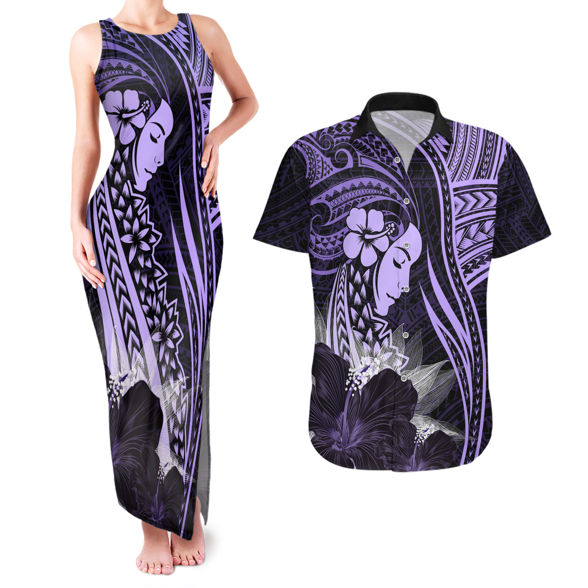 Polynesian Women Day 2024 Couples Matching Tank Maxi Dress and Hawaiian Shirt Hibiscus Girl Tribal LT01 Purple - Polynesian Pride