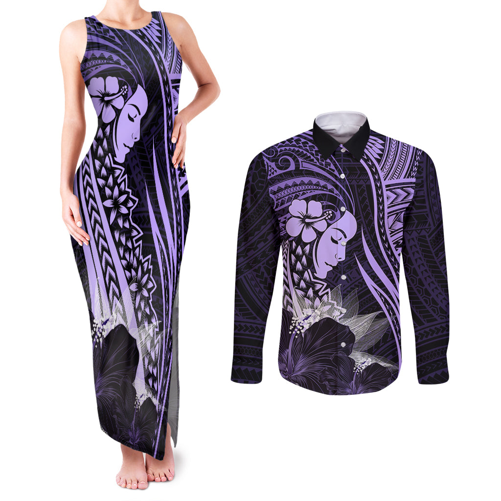 Polynesian Women Day 2024 Couples Matching Tank Maxi Dress and Long Sleeve Button Shirt Hibiscus Girl Tribal LT01 Purple - Polynesian Pride