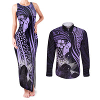 Polynesian Women Day 2024 Couples Matching Tank Maxi Dress and Long Sleeve Button Shirt Hibiscus Girl Tribal LT01 Purple - Polynesian Pride