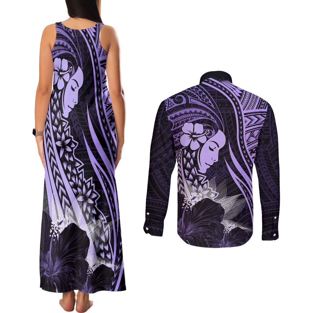 Polynesian Women Day 2024 Couples Matching Tank Maxi Dress and Long Sleeve Button Shirt Hibiscus Girl Tribal LT01 - Polynesian Pride