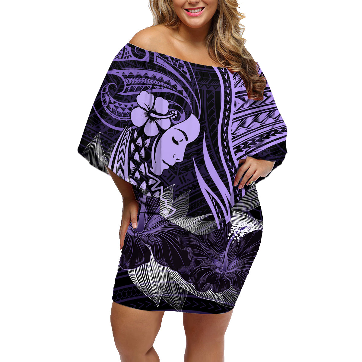 Polynesian Women Day 2024 Family Matching Off Shoulder Short Dress and Hawaiian Shirt Hibiscus Girl Tribal LT01 Mom's Dress Purple - Polynesian Pride