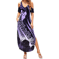 Polynesian Women Day 2024 Family Matching Summer Maxi Dress and Hawaiian Shirt Hibiscus Girl Tribal LT01 Mom's Dress Purple - Polynesian Pride