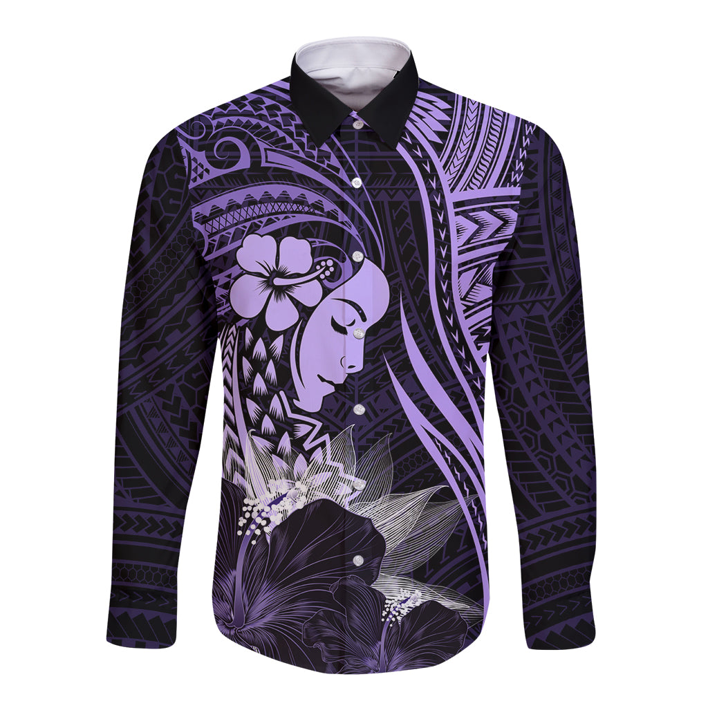 Polynesian Women Day 2024 Long Sleeve Button Shirt Hibiscus Girl Tribal LT01 Unisex Purple - Polynesian Pride