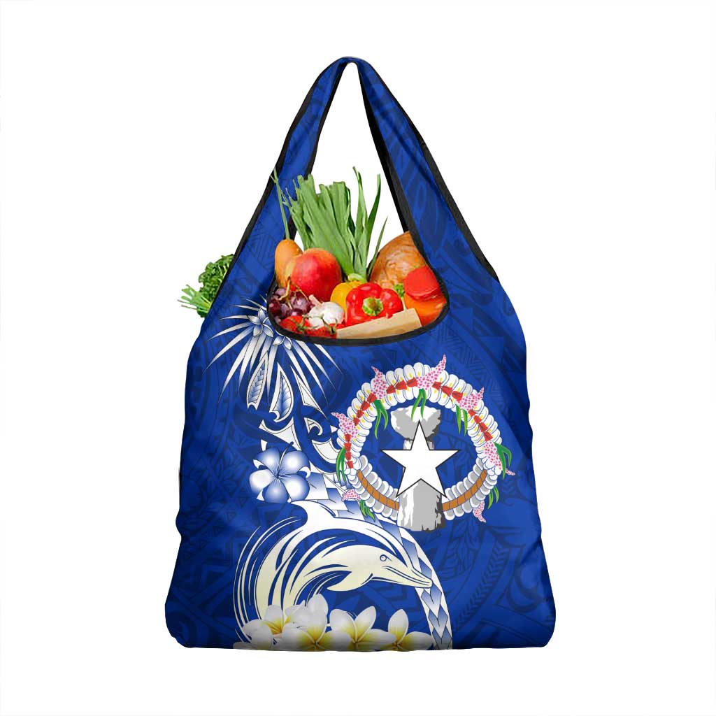 Northern Mariana Islands Commonwealth Day 2024 Grocery Bag Dolphin With Plumeria Flower LT01 1-pack One Size Blue - Polynesian Pride