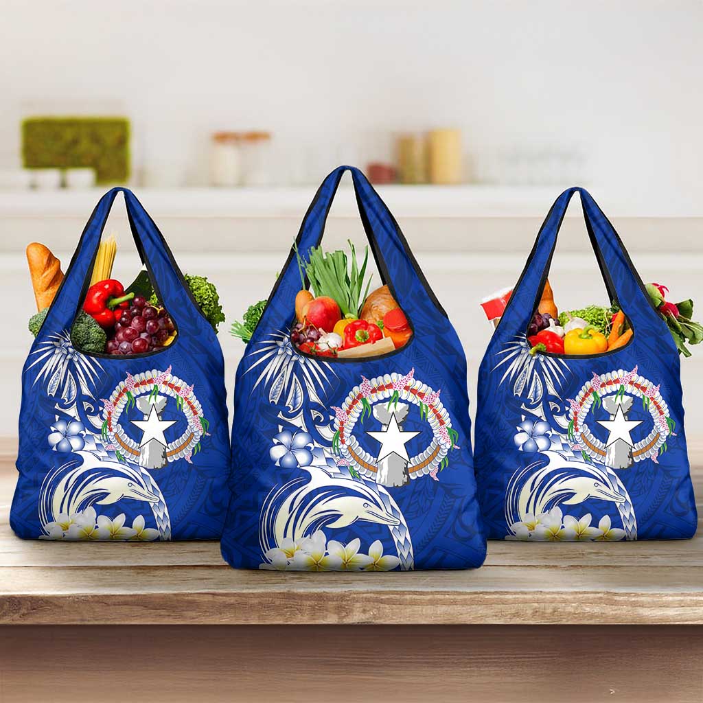 Northern Mariana Islands Commonwealth Day 2024 Grocery Bag Dolphin With Plumeria Flower LT01 3-pack One Size Blue - Polynesian Pride