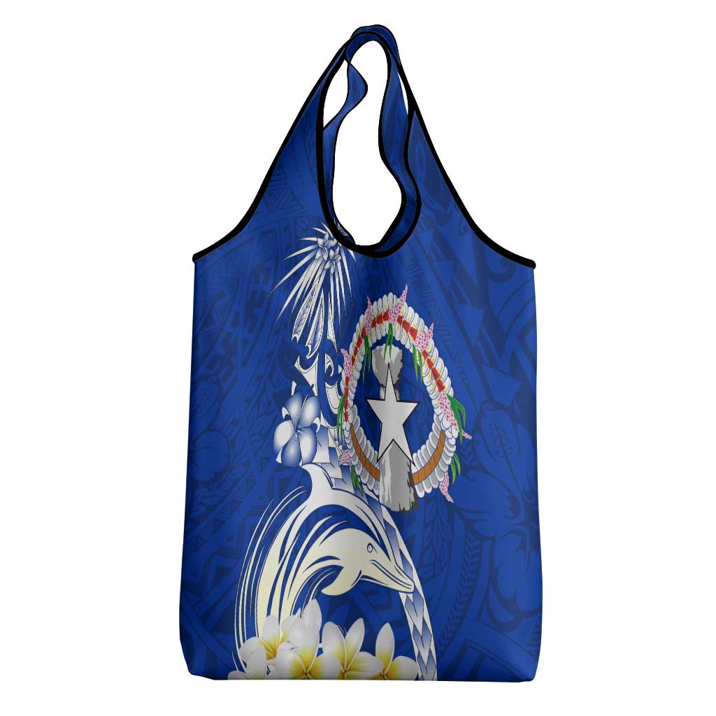 Northern Mariana Islands Commonwealth Day 2024 Grocery Bag Dolphin With Plumeria Flower LT01 - Polynesian Pride