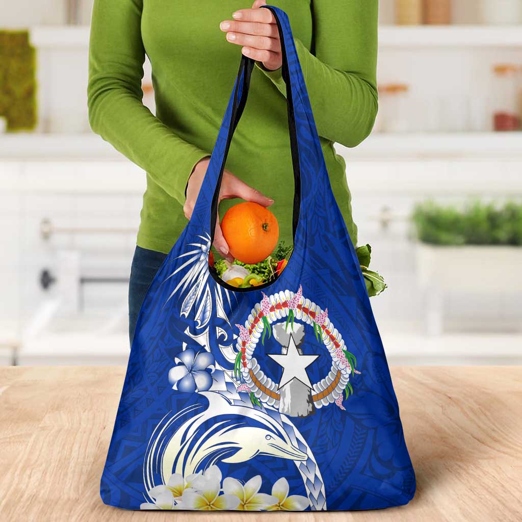 Northern Mariana Islands Commonwealth Day 2024 Grocery Bag Dolphin With Plumeria Flower LT01 - Polynesian Pride