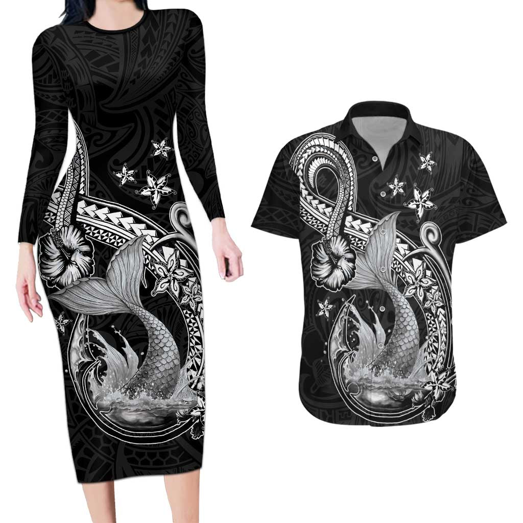 Hawaii Mermaid Monotone Couples Matching Long Sleeve Bodycon Dress and Hawaiian Shirt Polynesian Pattern Fish Hook LT01 Black - Polynesian Pride