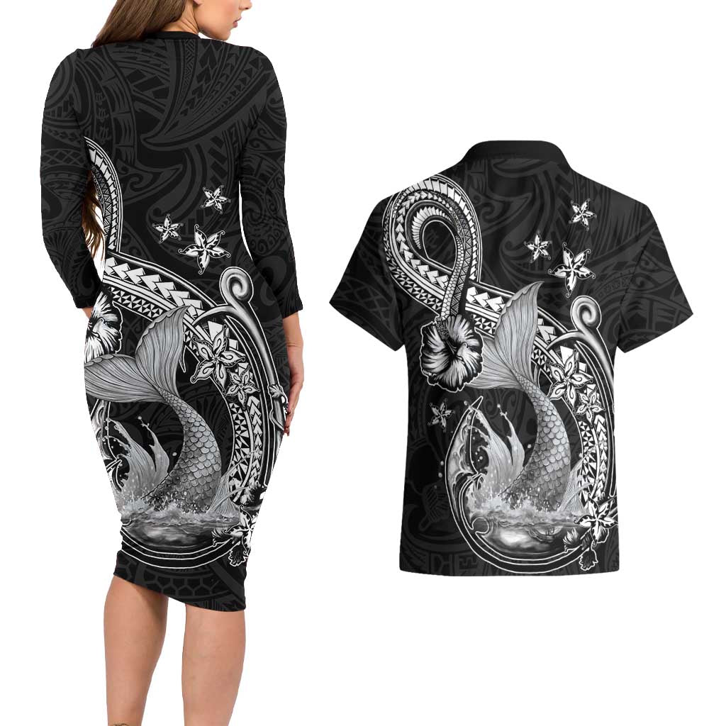 Hawaii Mermaid Monotone Couples Matching Long Sleeve Bodycon Dress and Hawaiian Shirt Polynesian Pattern Fish Hook LT01 - Polynesian Pride