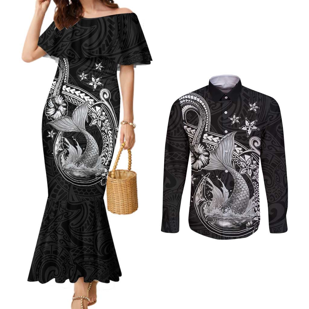 Hawaii Mermaid Monotone Couples Matching Mermaid Dress and Long Sleeve Button Shirt Polynesian Pattern Fish Hook LT01 Black - Polynesian Pride