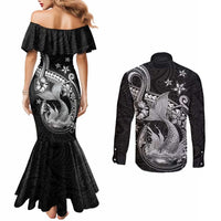 Hawaii Mermaid Monotone Couples Matching Mermaid Dress and Long Sleeve Button Shirt Polynesian Pattern Fish Hook