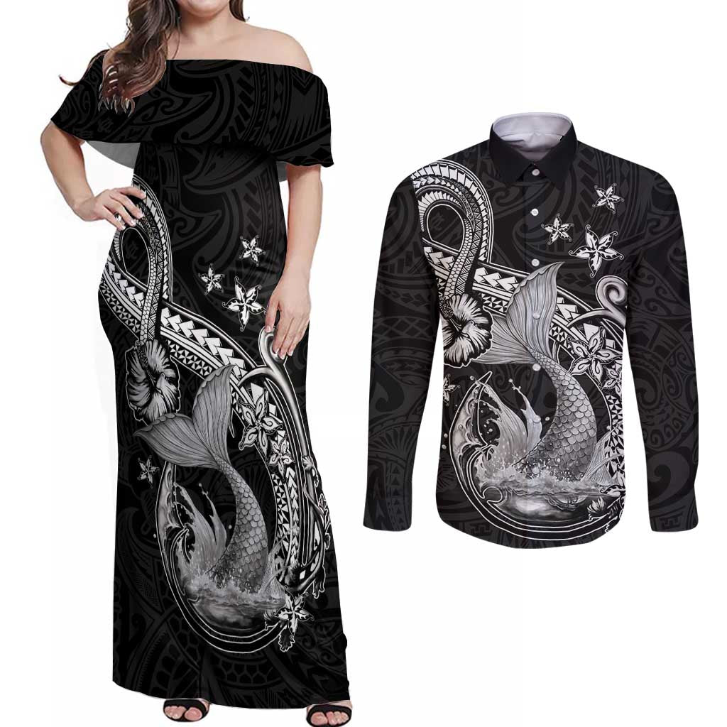 Hawaii Mermaid Monotone Couples Matching Off Shoulder Maxi Dress and Long Sleeve Button Shirt Polynesian Pattern Fish Hook LT01 Black - Polynesian Pride