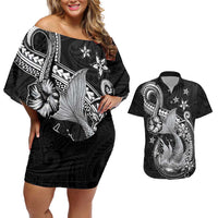 Hawaii Mermaid Monotone Couples Matching Off Shoulder Short Dress and Hawaiian Shirt Polynesian Pattern Fish Hook