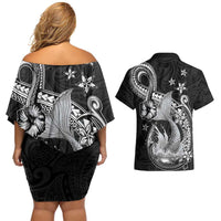 Hawaii Mermaid Monotone Couples Matching Off Shoulder Short Dress and Hawaiian Shirt Polynesian Pattern Fish Hook