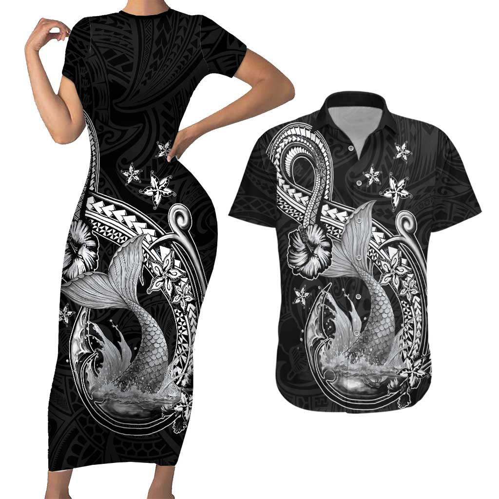 Hawaii Mermaid Monotone Couples Matching Short Sleeve Bodycon Dress and Hawaiian Shirt Polynesian Pattern Fish Hook LT01 Black - Polynesian Pride