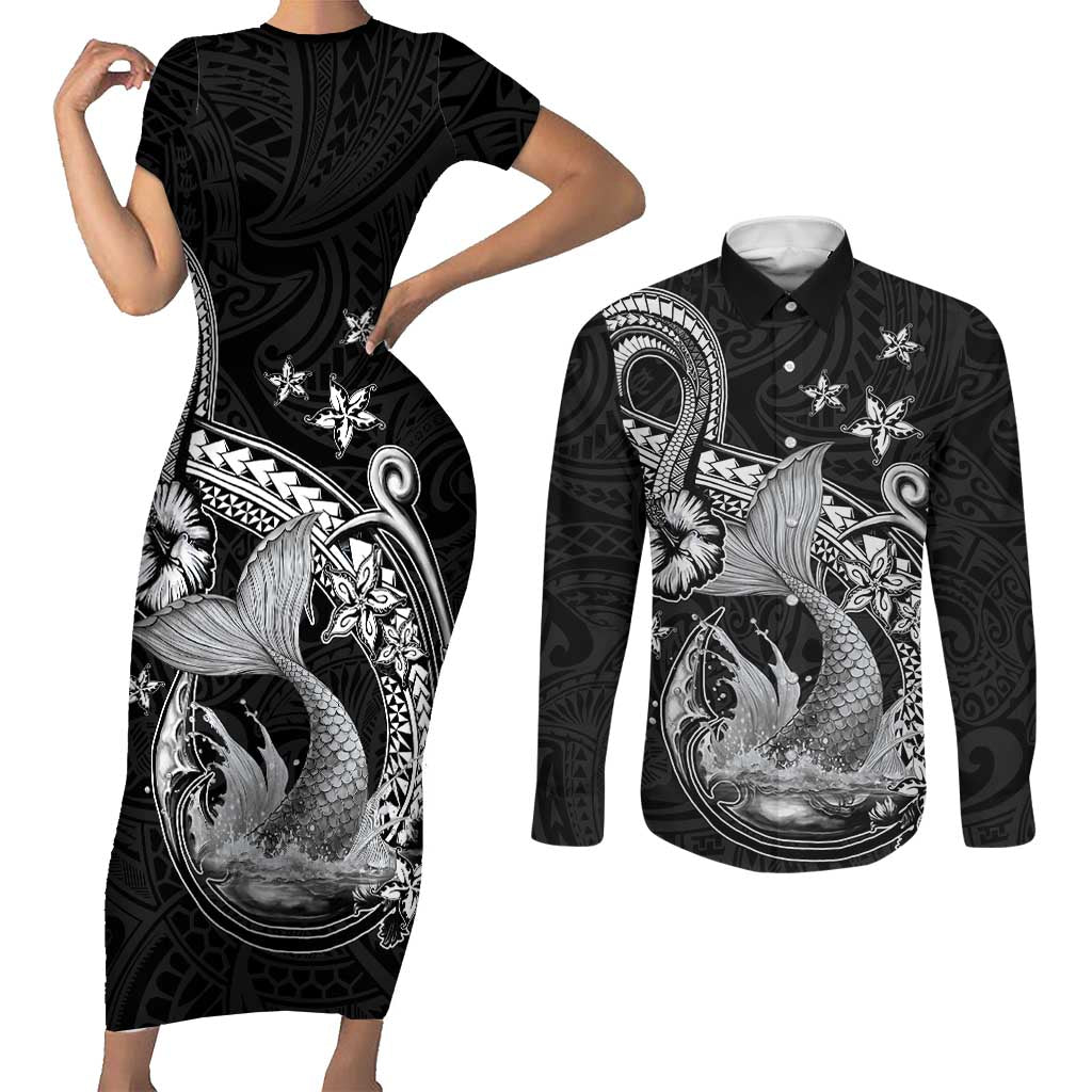 Hawaii Mermaid Monotone Couples Matching Short Sleeve Bodycon Dress and Long Sleeve Button Shirt Polynesian Pattern Fish Hook LT01 Black - Polynesian Pride