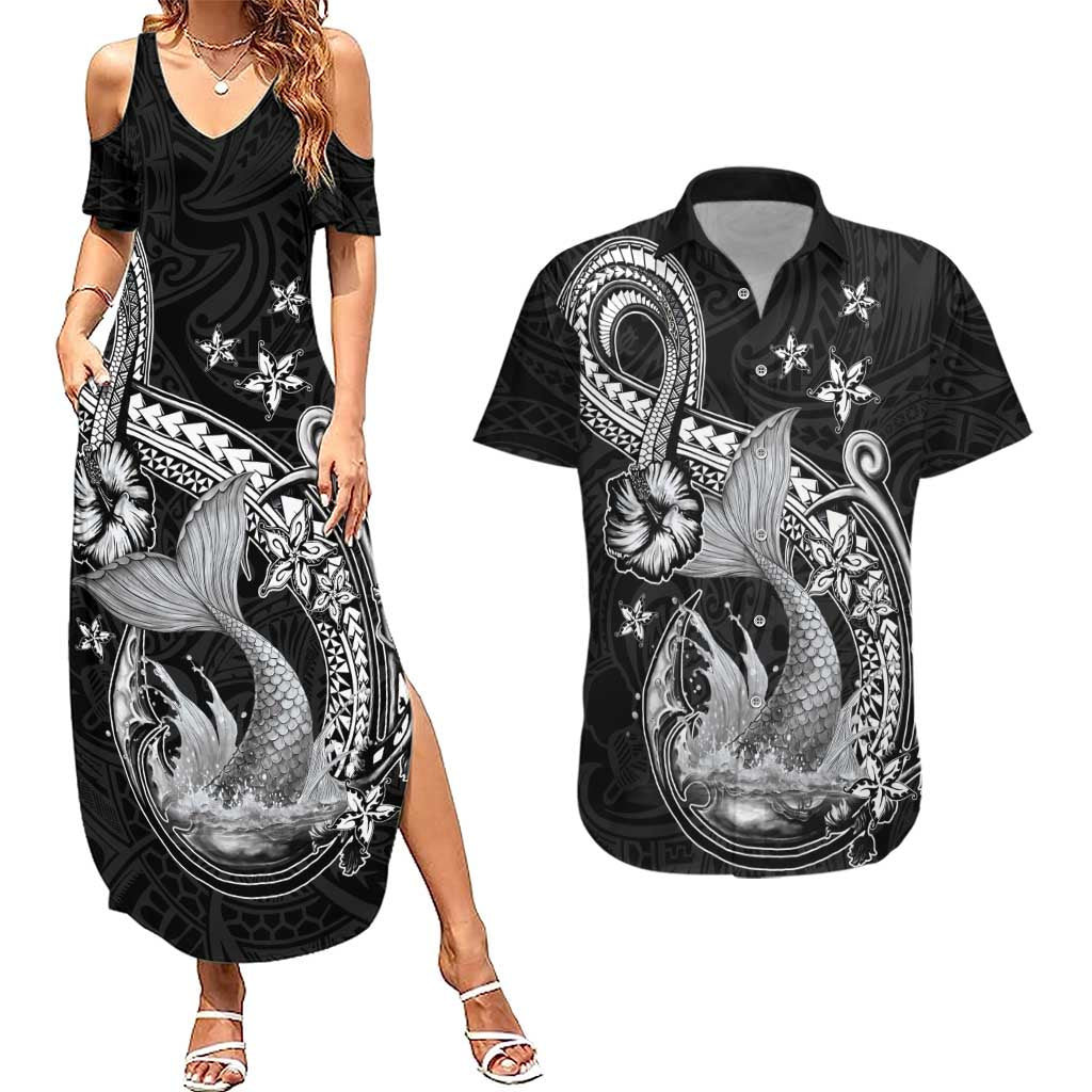 Hawaii Mermaid Monotone Couples Matching Summer Maxi Dress and Hawaiian Shirt Polynesian Pattern Fish Hook LT01 Black - Polynesian Pride