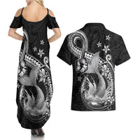 Hawaii Mermaid Monotone Couples Matching Summer Maxi Dress and Hawaiian Shirt Polynesian Pattern Fish Hook
