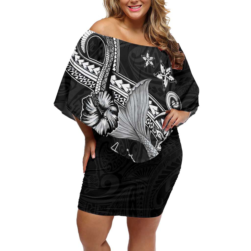Hawaii Mermaid Monotone Family Matching Off Shoulder Short Dress and Hawaiian Shirt Polynesian Pattern Fish Hook LT01 Mom's Dress Black - Polynesian Pride