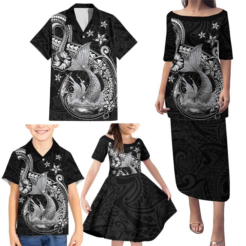 Hawaii Mermaid Monotone Family Matching Puletasi and Hawaiian Shirt Polynesian Pattern Fish Hook
