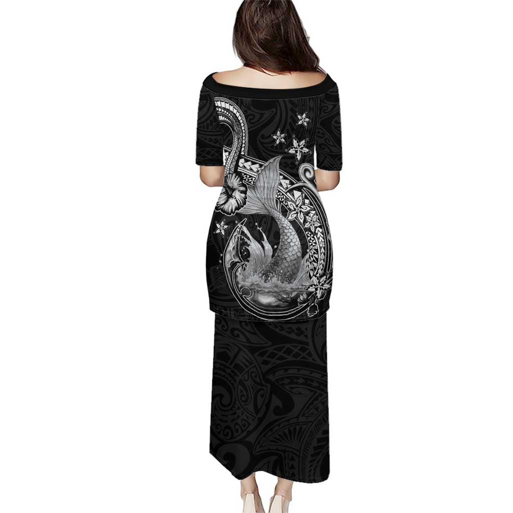 Hawaii Mermaid Monotone Family Matching Puletasi and Hawaiian Shirt Polynesian Pattern Fish Hook