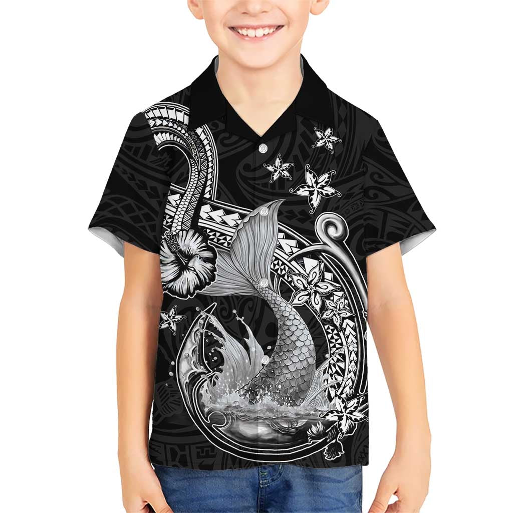 Hawaii Mermaid Monotone Family Matching Puletasi and Hawaiian Shirt Polynesian Pattern Fish Hook