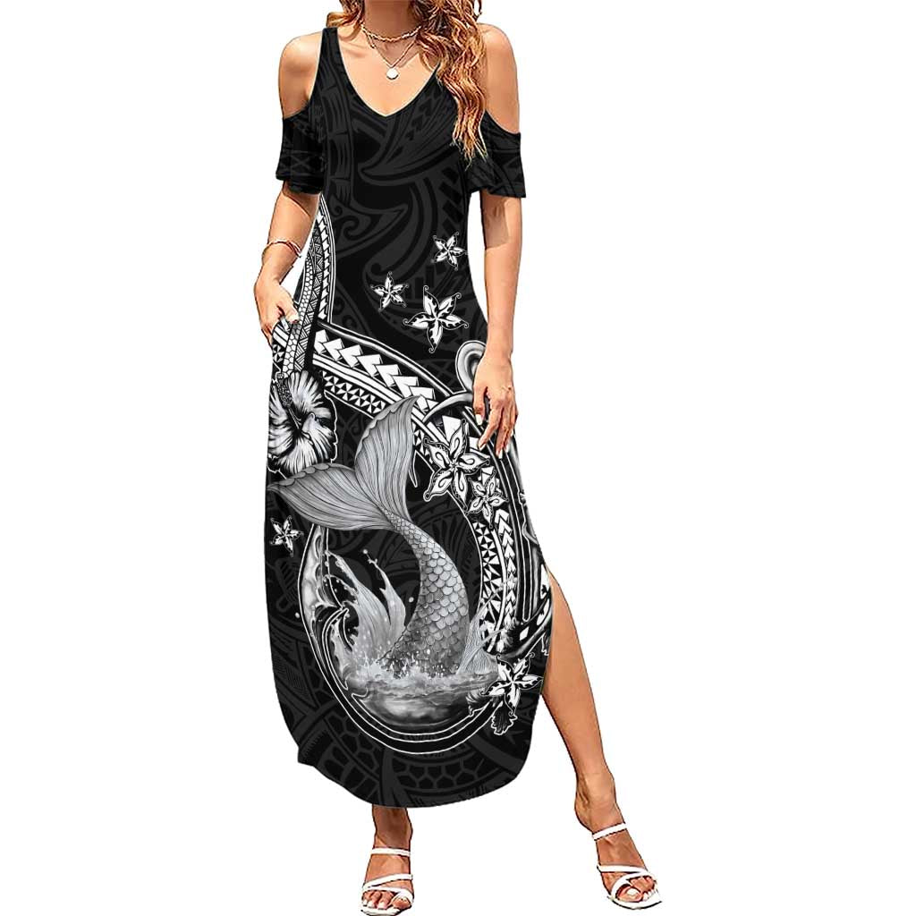 Hawaii Mermaid Monotone Family Matching Summer Maxi Dress and Hawaiian Shirt Polynesian Pattern Fish Hook LT01 Mom's Dress Black - Polynesian Pride
