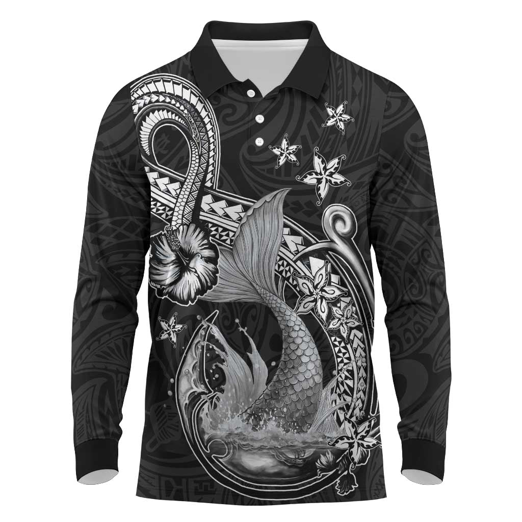 Hawaii Mermaid Monotone Long Sleeve Polo Shirt Polynesian Pattern Fish Hook