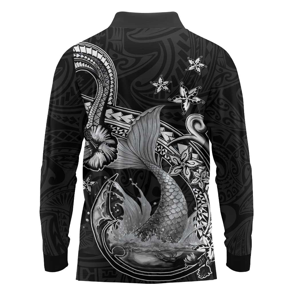 Hawaii Mermaid Monotone Long Sleeve Polo Shirt Polynesian Pattern Fish Hook