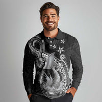 Hawaii Mermaid Monotone Long Sleeve Polo Shirt Polynesian Pattern Fish Hook