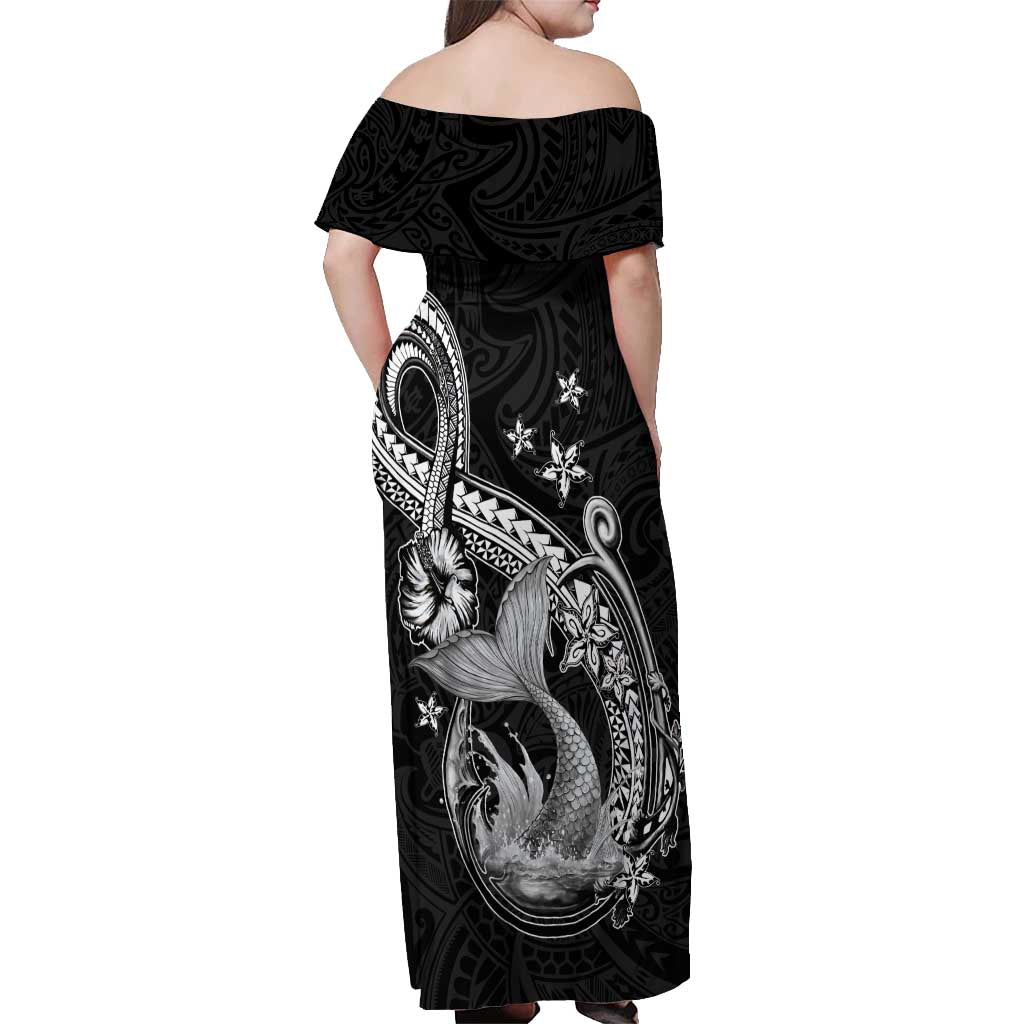 Hawaii Mermaid Monotone Off Shoulder Maxi Dress Polynesian Pattern Fish Hook