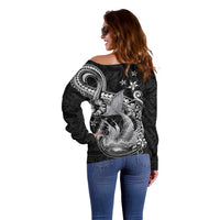 Hawaii Mermaid Monotone Off Shoulder Sweater Polynesian Pattern Fish Hook