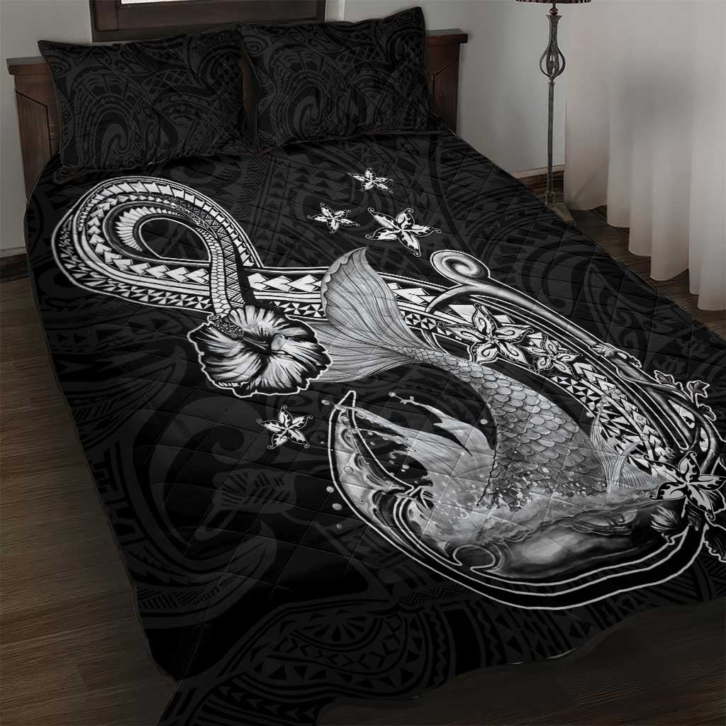 Hawaii Mermaid Monotone Quilt Bed Set Polynesian Pattern Fish Hook