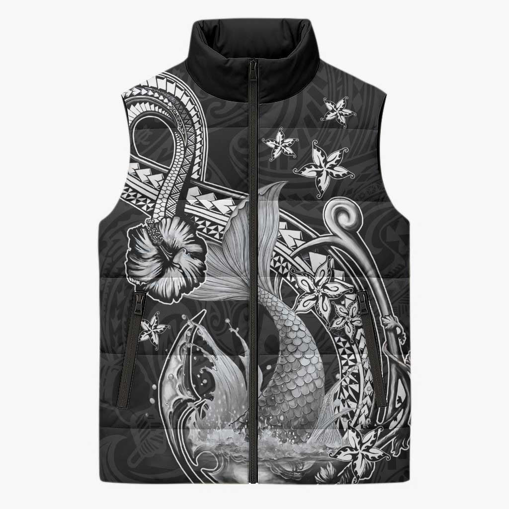 Hawaii Mermaid Monotone Sleeveless Puffer Jacket Polynesian Pattern Fish Hook LT01 Unisex Black - Polynesian Pride
