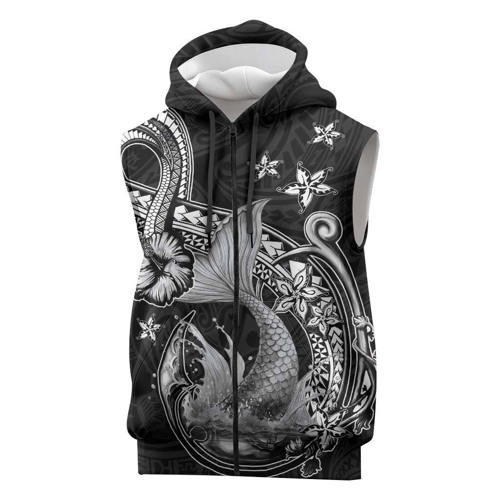 Hawaii Mermaid Monotone Sleeveless Zip Hoodie Polynesian Pattern Fish Hook