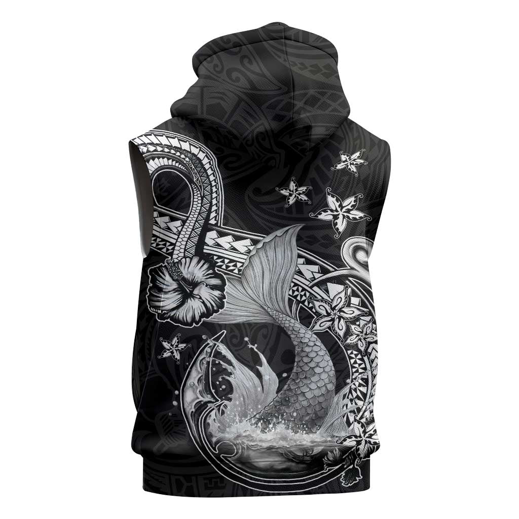 Hawaii Mermaid Monotone Sleeveless Zip Hoodie Polynesian Pattern Fish Hook