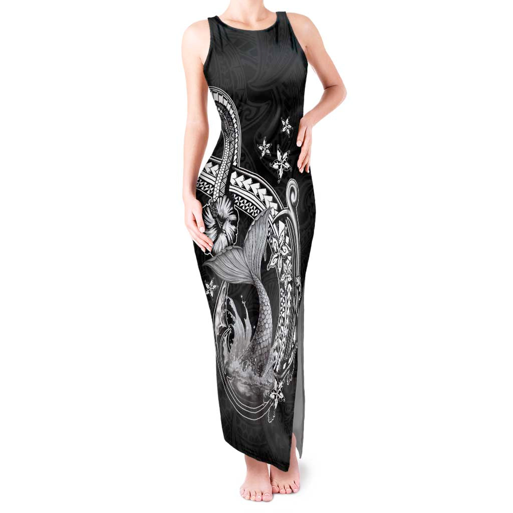 Hawaii Mermaid Monotone Tank Maxi Dress Polynesian Pattern Fish Hook