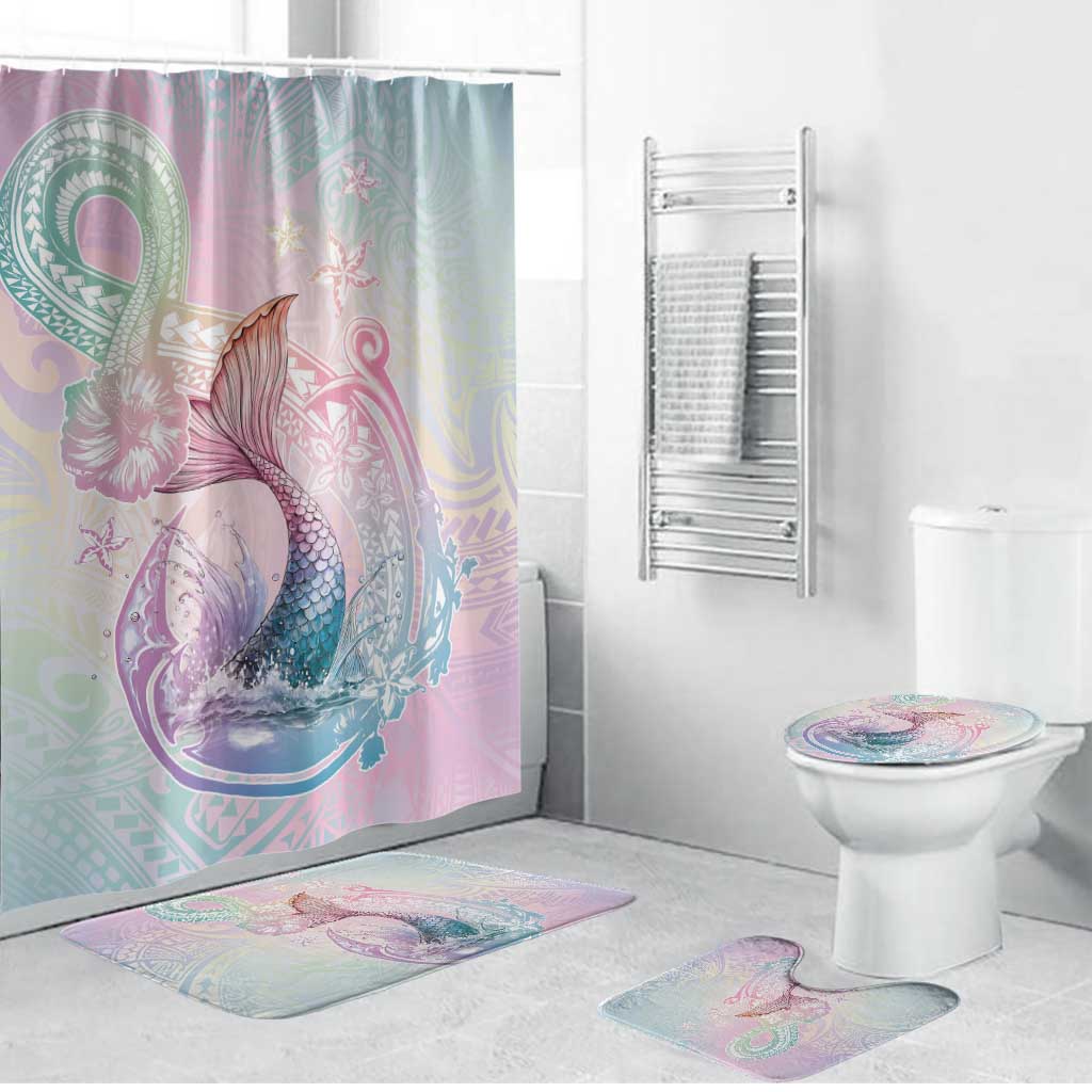 Hawaii Mermaid Sweet Pastel Bathroom Set Polynesian Pattern Fish Hook
