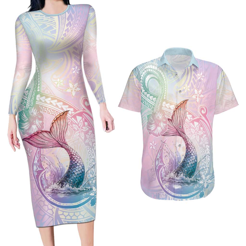 Hawaii Mermaid Sweet Pastel Couples Matching Long Sleeve Bodycon Dress and Hawaiian Shirt Polynesian Pattern Fish Hook LT01 Multicolor - Polynesian Pride