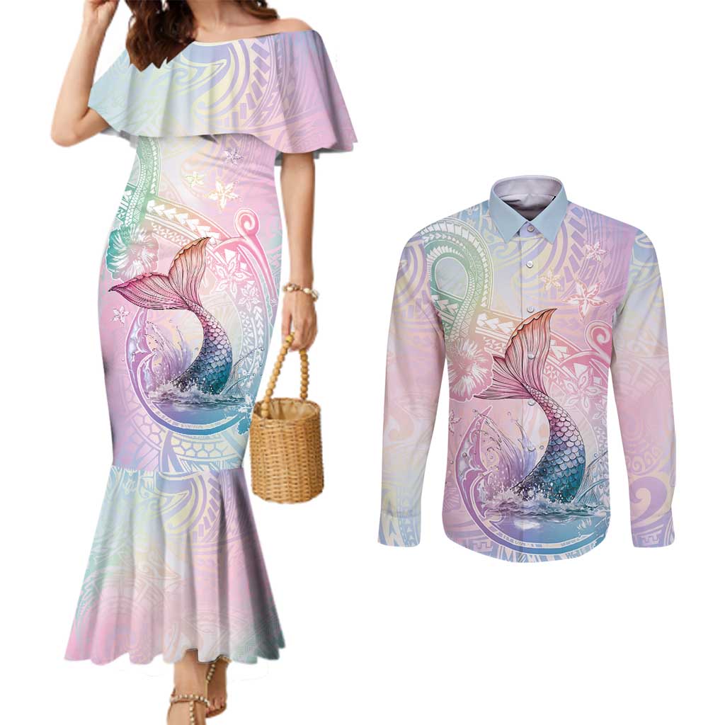 Hawaii Mermaid Sweet Pastel Couples Matching Mermaid Dress and Long Sleeve Button Shirt Polynesian Pattern Fish Hook LT01 Multicolor - Polynesian Pride