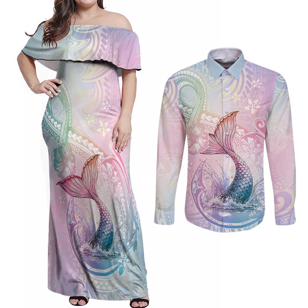 Hawaii Mermaid Sweet Pastel Couples Matching Off Shoulder Maxi Dress and Long Sleeve Button Shirt Polynesian Pattern Fish Hook